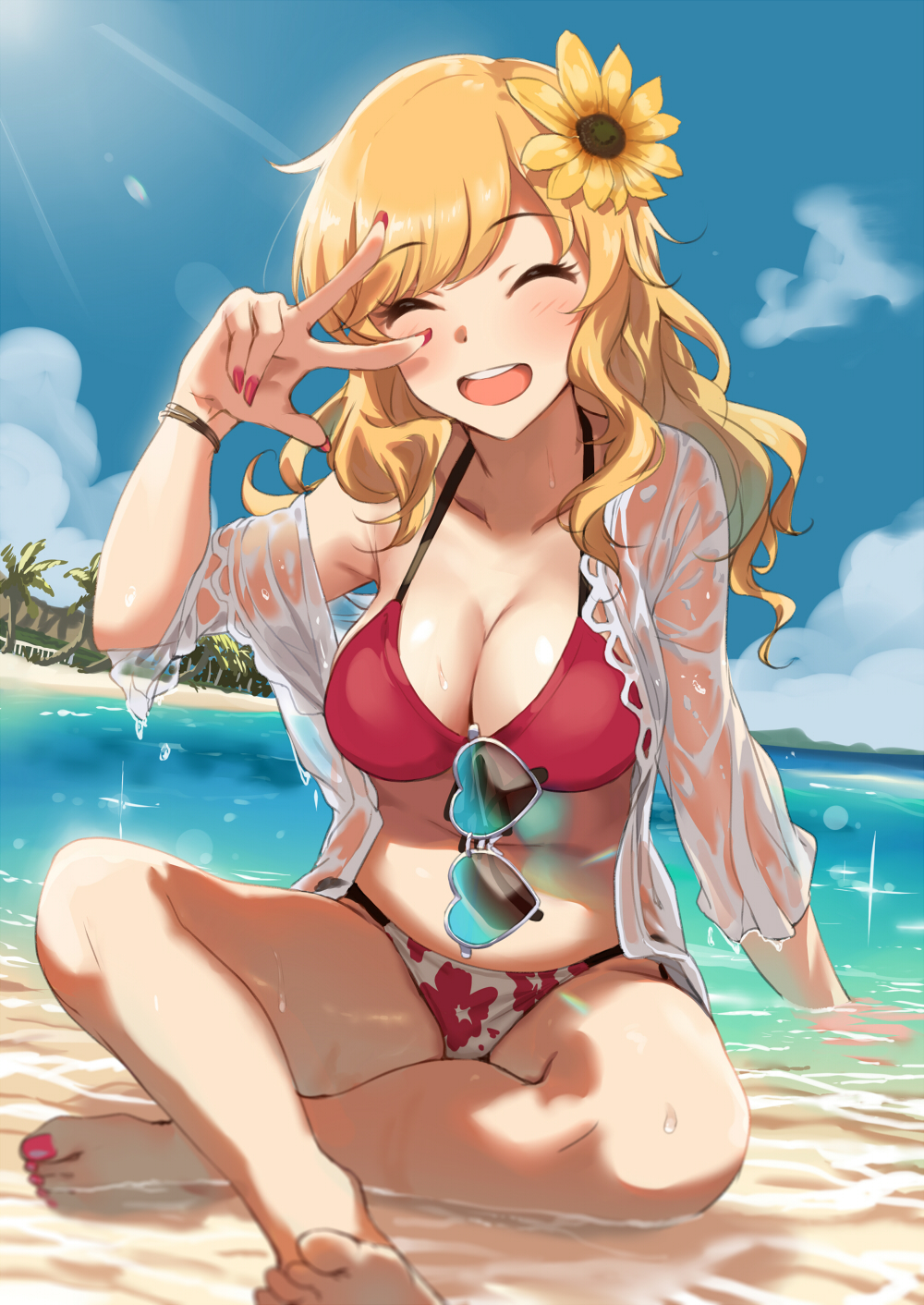 1girl bangs bare_shoulders beach bikini blonde_hair blush bracelet breasts cleavage closed_eyes collarbone feet flower hair_flower hair_ornament hand_gesture heart heart-shaped_eyewear highres idolmaster idolmaster_cinderella_girls indian_style jewelry kurokin large_breasts legs long_hair ocean ootsuki_yui open_clothes open_mouth open_shirt red_bikini shirt sitting smile solo sunflower_hair_ornament sunglasses swept_bangs swimsuit thighs w waist wavy_hair wet wet_clothes wet_shirt