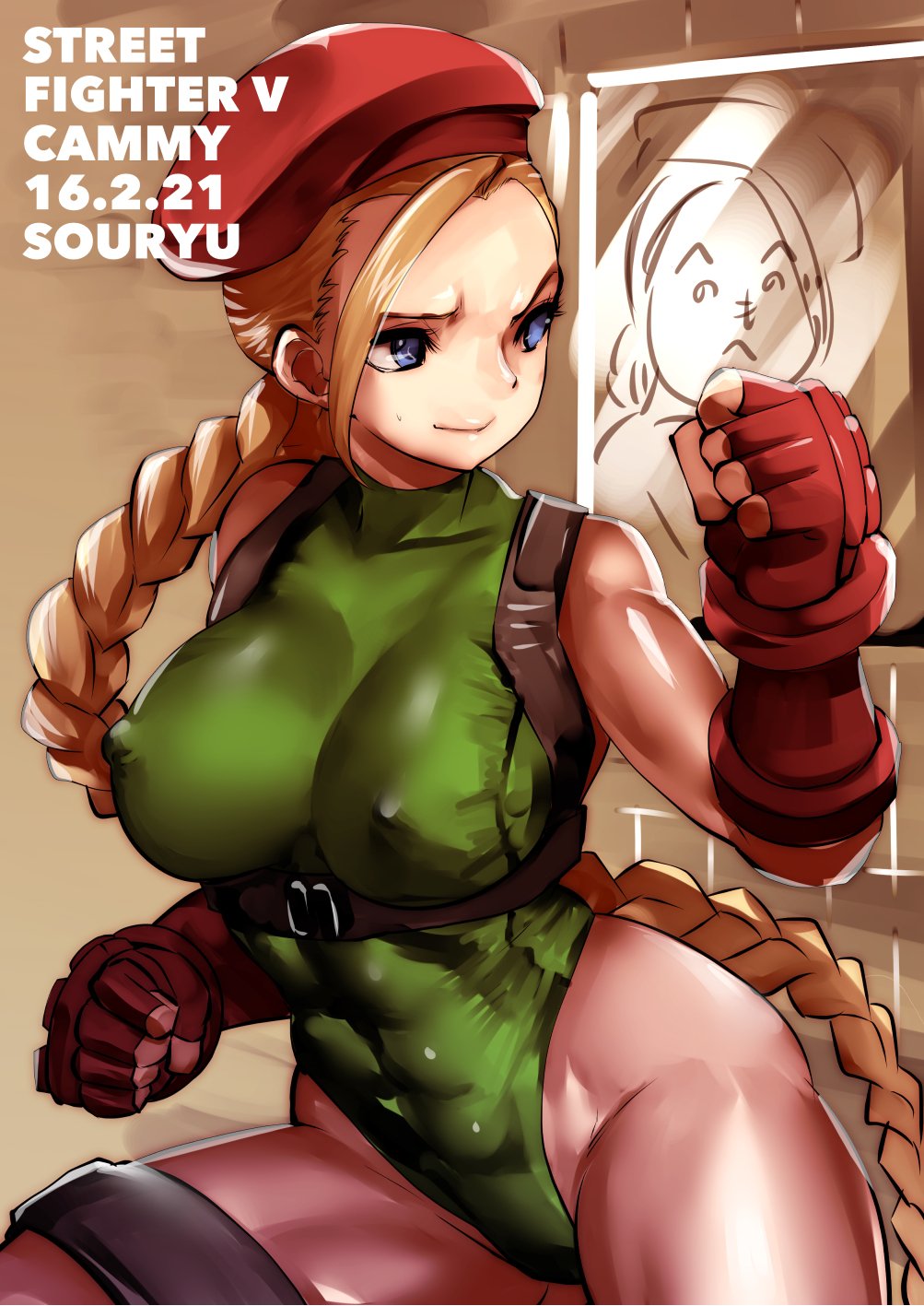 1girl ahoge artist_name beret braid breasts cammy_white character_name clenched_hands closed_mouth commentary copyright_name cowboy_shot dated english_commentary erect_nipples eyebrows_visible_through_hair fighting_stance fingerless_gloves gauntlets gloves green_leotard harness hat highleg highleg_leotard highres huge_ahoge large_breasts leotard long_hair looking_to_the_side red_gloves red_hat single_braid sleeveless smile solo souryu standing street_fighter sweatdrop tactical_clothes thighs thong_leotard