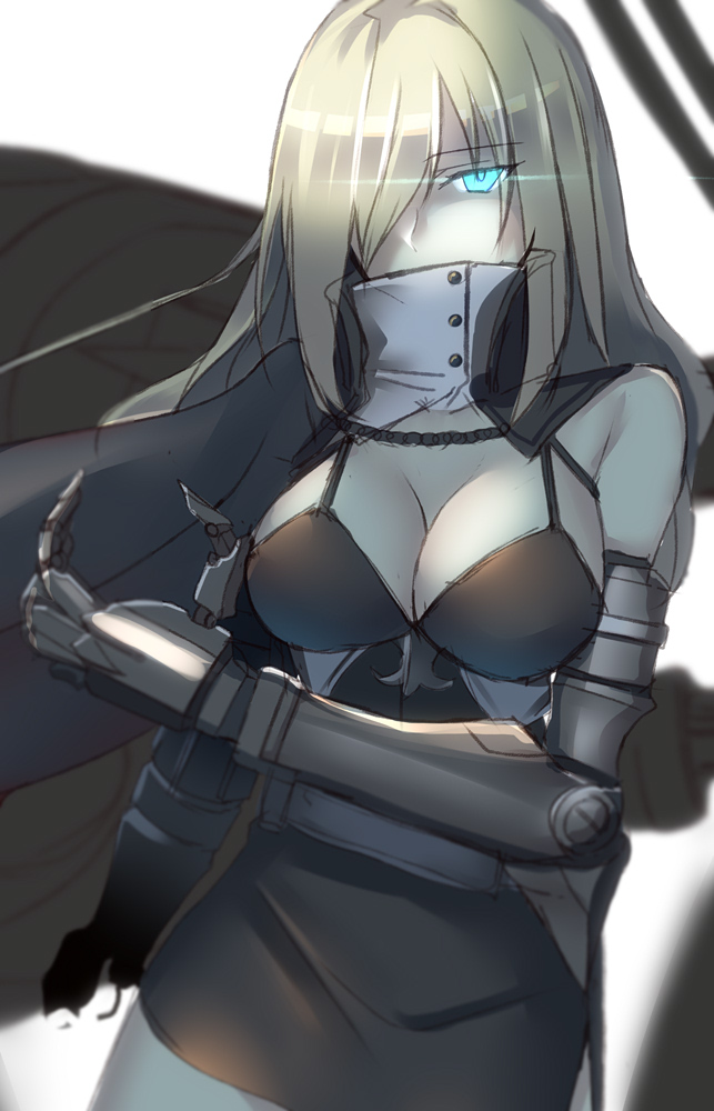 1girl black_dress blue_eyes breasts cape covered_mouth damaged dress european_water_hime eyebrows_visible_through_hair gauntlets gloves hair_between_eyes hair_over_one_eye kantai_collection large_breasts long_hair machinery mechanical_arm pallad shinkaisei-kan simple_background solo torn_clothes turret white_background white_hair