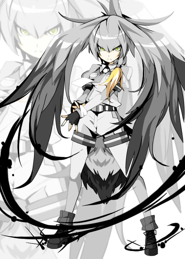 1girl adjusting_clothes adjusting_gloves alternate_hair_length alternate_hairstyle bangs belt bird_tail black_footwear black_gloves black_hair bodystocking breast_pocket closed_mouth collared_shirt commentary_request expressionless fingerless_gloves gloves green_eyes grey_shirt grey_shorts hair_between_eyes kemono_friends long_hair long_sleeves looking_at_viewer low_ponytail multicolored_hair necktie orange_hair pocket shiki_(gjmatpw) shiny shiny_hair shirt shoebill_(kemono_friends) shoes short_over_long_sleeves short_sleeves shorts side_ponytail silver_hair solo standing very_long_hair white_neckwear