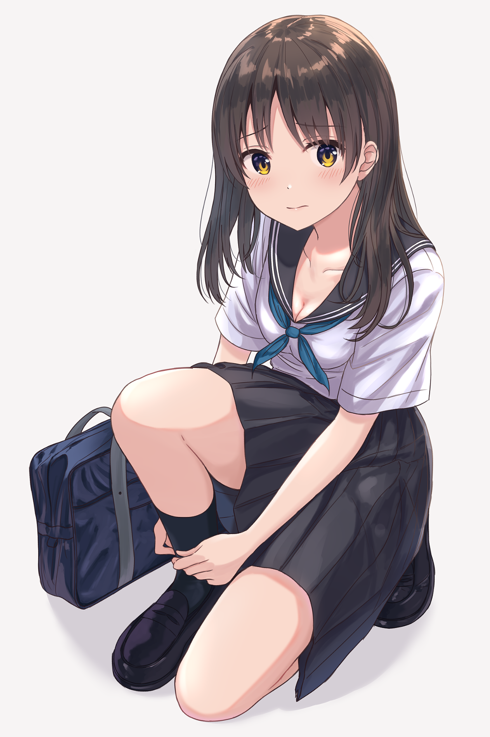 1girl bag black_footwear black_skirt bookbag breasts brown_eyes brown_hair burenbo cleavage grey_background highres kneeling loafers medium_breasts medium_hair school_uniform serafuku shoes skirt thighs uniform