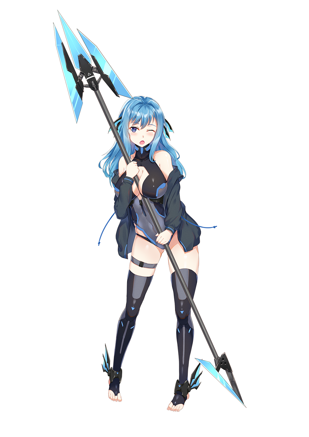 1girl :o between_breasts black_jacket black_legwear blue_eyes blue_hair blush breasts cleavage_cutout covered_navel full_body highres holding_polearm jacket leotard medium_breasts original polearm simple_background solo standing thigh-highs thigh_strap toes trident weapon white_background yongheng_zhi_wu