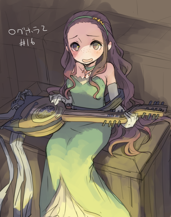 1girl brown_eyes brown_hair choker collarbone dress elbow_gloves flat_chest gloves green_dress green_hairband grey_gloves hairband holding holding_instrument instrument isuzu_(log_horizon) log_horizon long_dress long_hair looking_at_viewer lute_(instrument) mo_(deciliter) open_mouth sitting sleeveless sleeveless_dress solo strapless strapless_dress very_long_hair