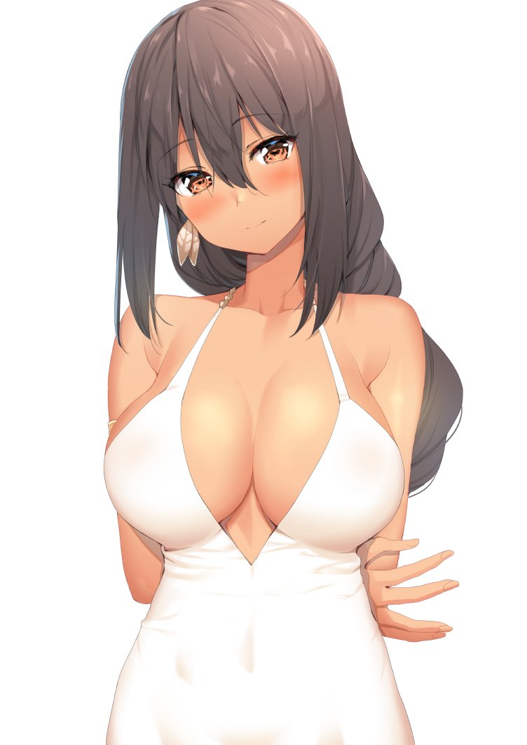 1girl arms_behind_back azur_lane bangs bare_shoulders black_hair blush body_mahattaya_ginga breasts brown_eyes cleavage closed_mouth collarbone covered_navel dark_skin dress earrings eyebrows_visible_through_hair feather_earrings hair_between_eyes jewelry large_breasts light_smile long_hair looking_at_viewer revision simple_background solo south_dakota_(azur_lane) tied_hair upper_body waist white_background white_dress