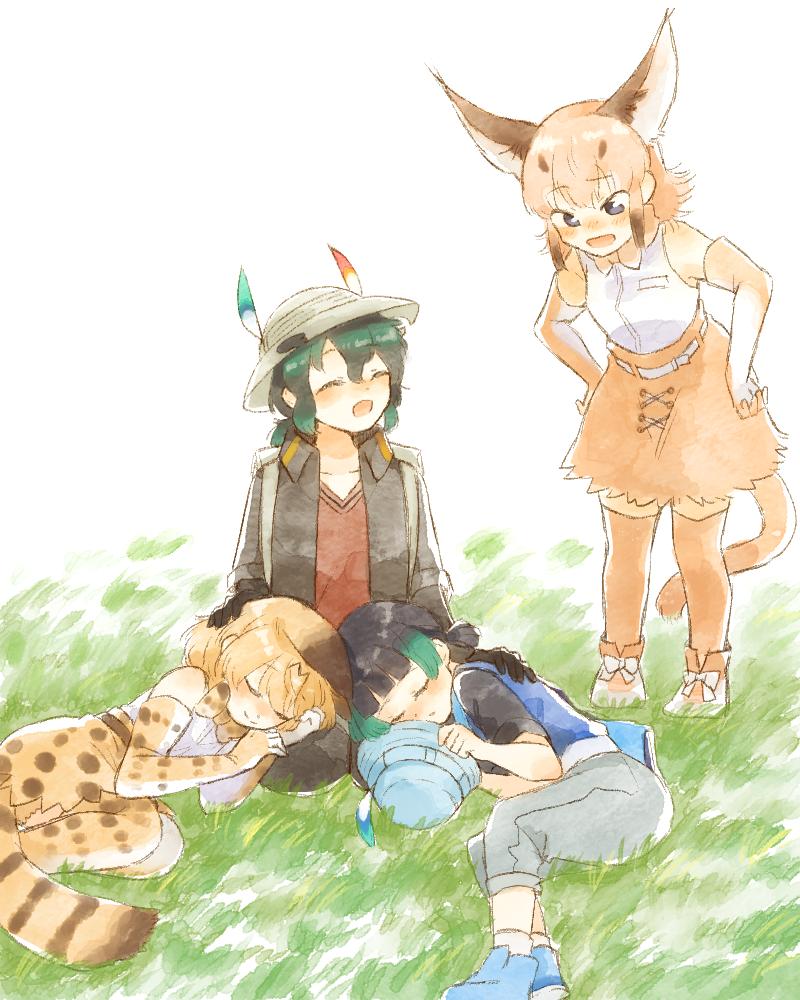 4girls animal_ears backpack bag bare_shoulders belt blonde_hair blue_eyes boots capri_pants caracal_(kemono_friends) closed_eyes comic commentary_request curled_up ears_down elbow_gloves eyebrows_visible_through_hair gloves green_hair hands_on_hips hat hat_feather hat_removed headwear_removed helmet kaban_(kemono_friends) kemono_friends kyururu_(kemono_friends) lap_pillow light_brown_hair long_hair moeki_(moeki0329) multicolored_hair multiple_girls pants pantyhose pith_helmet seiza serval_(kemono_friends) serval_ears serval_print serval_tail shoes short_hair sitting sleeping sleeveless sneakers spoilers tail thigh-highs zettai_ryouiki
