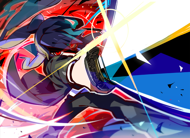 angry black_hair c_rasu debris holding holding_sword holding_weapon katana original perspective ponytail red_eyes shaded_face sword weapon wind