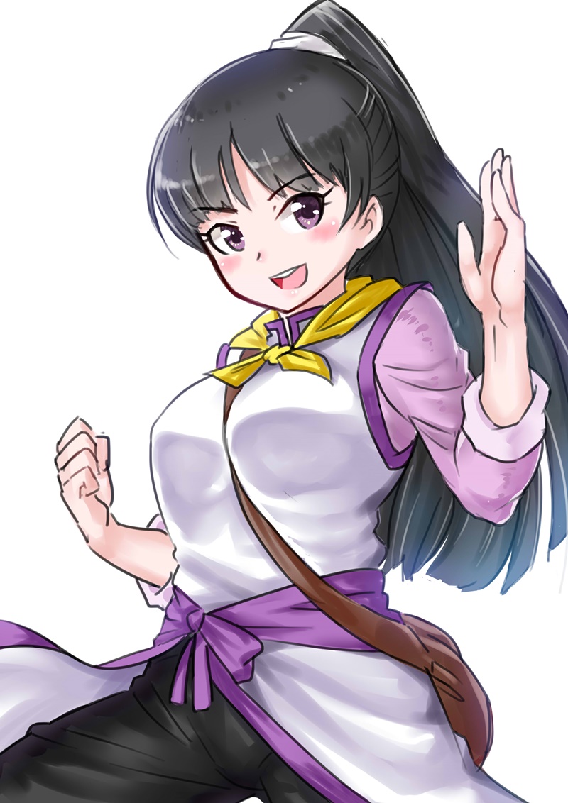 1girl :d black_hair blush breasts fighter_(goblin_slayer!) fighting_stance goblin_slayer! long_hair looking_at_viewer medium_breasts open_mouth pants ponytail simple_background smile solo violet_eyes white_background zawa_nong