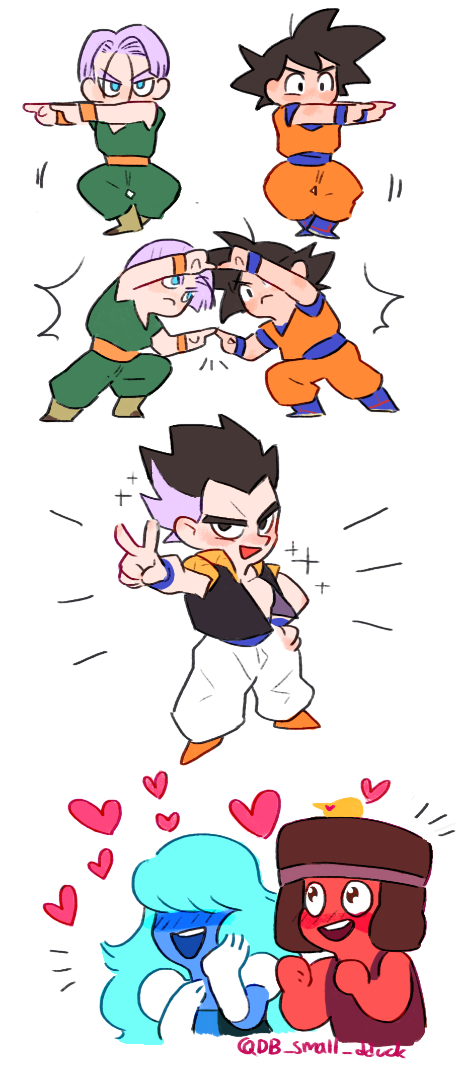+++ 2others 3boys :d black_eyes black_hair blue_eyes blue_hair blush blush_stickers boots bright_pupils chibi crossover dougi dragon_ball dragon_ball_super dragonball_z excited fingers_together frog8366 frown full_body fusion fusion_dance gotenks hair_over_eyes hand_on_hip happy heart highres index_finger_raised looking_at_another multicolored_hair multiple_boys multiple_others open_mouth outstretched_arms power_connection purple_hair ruby_(steven_universe) sapphire_(steven_universe) serious short_hair simple_background smile son_goten sparkle spiky_hair standing steven_universe teeth trunks_(dragon_ball) twitter_username two-tone_hair upper_body v white_background wristband