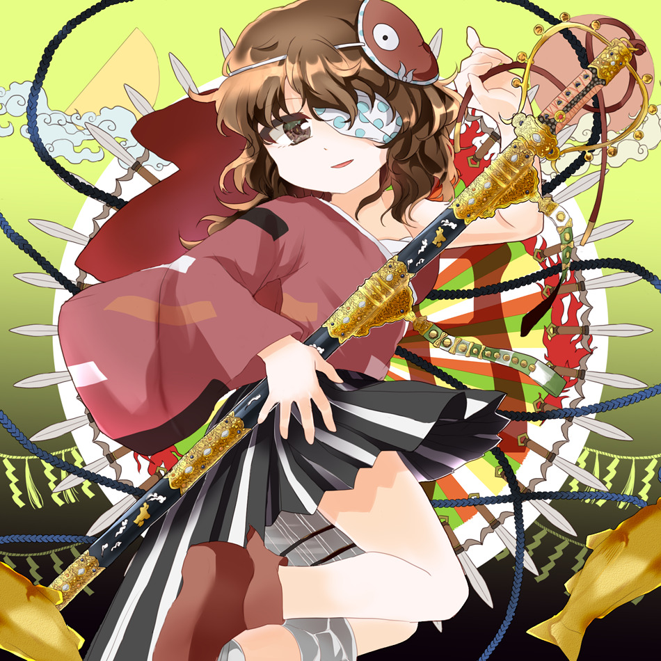 ametsukana_yago androgynous bandage_over_one_eye brown_eyes brown_hair cyclops hakama_skirt japanese_clothes len'en mask one-eyed short_hair sword weapon