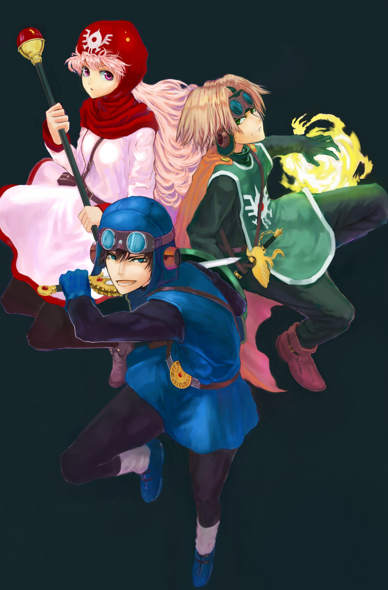 1girl bodysuit cape chourui_keiko commentary_request curly_hair dragon_quest dragon_quest_ii dress goggles goggles_on_head goggles_on_headwear hat highres hood hood_up long_hair multiple_boys pink_hair prince_of_lorasia prince_of_samantoria princess princess_of_moonbrook shield short_hair spiky_hair staff standing sword violet_eyes weapon