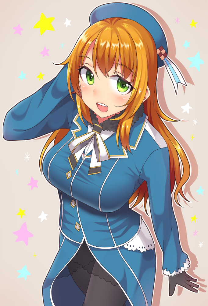 1girl atago_(kantai_collection) beret black_gloves black_skirt blonde_hair blue_hat blue_jacket blush breasts gloves gradient gradient_background green_eyes hand_behind_head hat jacket kantai_collection large_breasts long_hair long_sleeves looking_at_viewer military military_uniform open_mouth pantyhose ryokucha_michi shadow skirt smile solo star starry_background tailcoat uniform white_neckwear