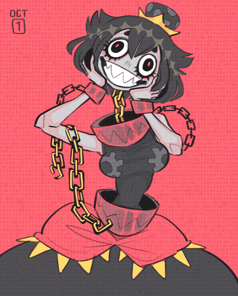 1girl bad_anatomy black_dress black_hair bracelet broken broken_chain chain chains collar commentary dated dress dullahan english_commentary freckledoctopus hair_between_eyes inktober jewelry looking_at_viewer super_mario_bros. monster_girl new_super_mario_bros._u_deluxe nintendo princess_chain_chomp red_background red_eyes sharp_teeth short_hair smile solo standing teeth