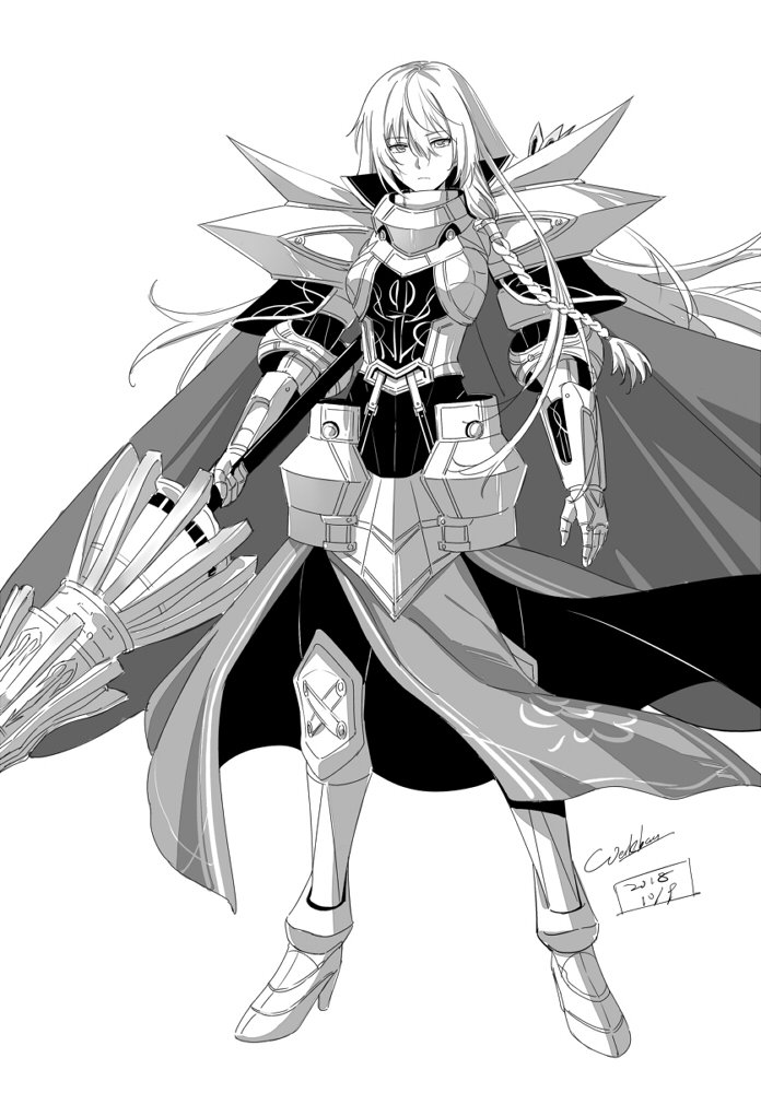 1girl arianrhod_(eiyuu_densetsu) armor armored_boots armored_dress artist_name boots braid breastplate breasts cape dated eiyuu_densetsu expressionless full_body gauntlets greyscale hair_between_eyes lance long_hair looking_at_viewer medium_breasts monochrome pelvic_curtain polearm sen_no_kiseki side_braid signature simple_background solo standing weapon werkbau white_background