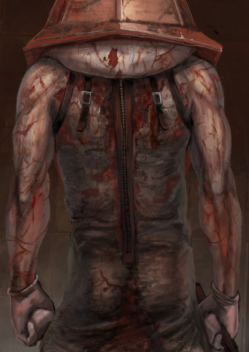 1boy blood commentary_request gloves hat helmet katekari_yuusuke male_focus monster muscle pale_skin pyramid_head silent_hill silent_hill_2 solo weapon