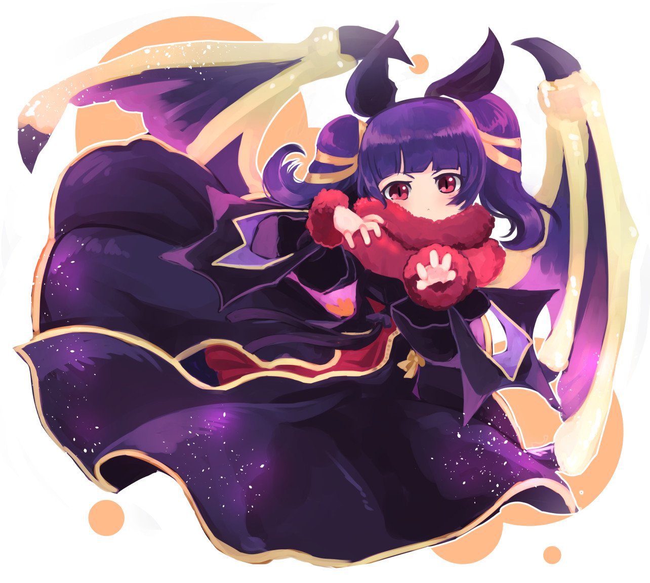 1girl blush dragon_girl dragon_wings fire_emblem fire_emblem:_seima_no_kouseki fire_emblem_heroes halloween long_hair mamkute multi-tied_hair myrrh nakabayashi_zun nintendo open_mouth purple_hair red_eyes solo twintails wings