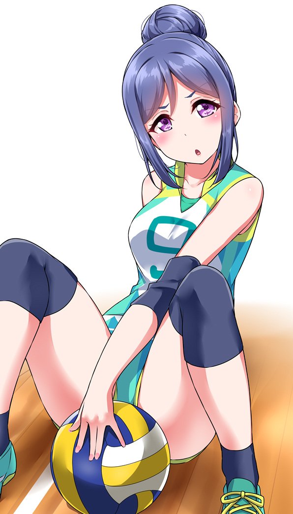 1girl :o \||/ alternate_hairstyle ball between_legs blue_hair blush buruma commentary_request hair_bun hand_between_legs knee_brace looking_at_viewer love_live! love_live!_sunshine!! matsuura_kanan navy_blue_legwear shirt shoes sidelocks sitting sitting_on_floor sleeveless sleeveless_shirt sneakers socks solo sportswear v-shaped_eyebrows violet_eyes volleyball volleyball_uniform wooden_floor yopparai_oni