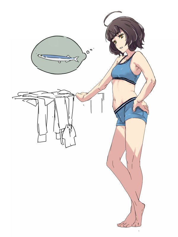 1girl ahoge bangs barefoot blue_bra blue_shorts blunt_bangs bra brown_hair clothes_removed commentary_request fish full_body hand_on_hip kantai_collection kishinami_(kantai_collection) saury short_hair short_shorts shorts simple_background solo sports_bra standing thought_bubble underwear uno_ichi wavy_hair white_background