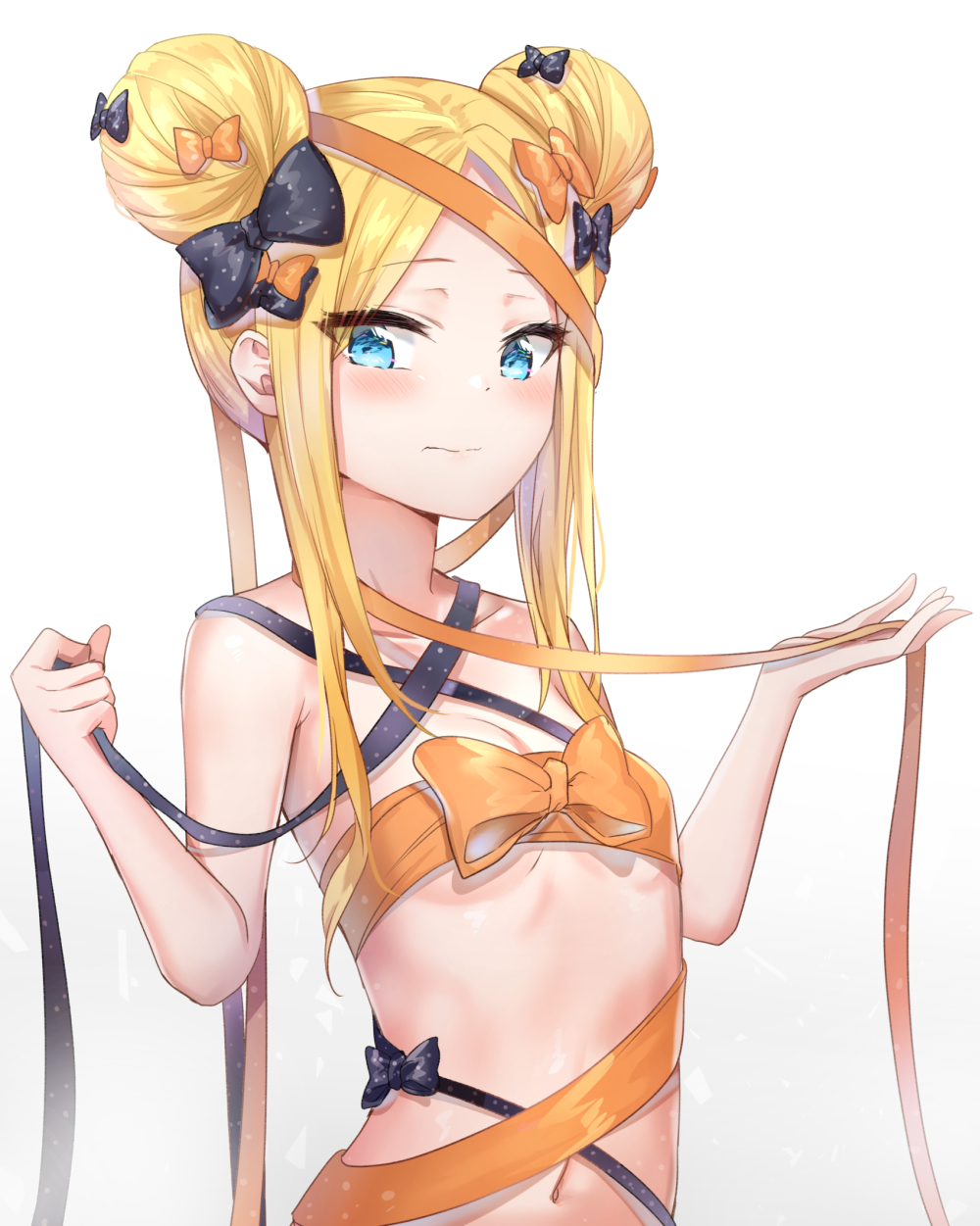 1girl abigail_williams_(fate/grand_order) bangs black_bow black_ribbon blonde_hair blue_eyes blush bow breasts closed_mouth collarbone double_bun eyebrows_visible_through_hair eyes_visible_through_hair fate/grand_order fate_(series) gradient gradient_background grey_background hair_bow highres holding holding_ribbon looking_at_viewer naked_ribbon navel orange_bow orange_ribbon parted_bangs polka_dot polka_dot_bow polka_dot_ribbon ribbon side_bun sidelocks simple_background small_breasts solo sunhyun upper_body white_background
