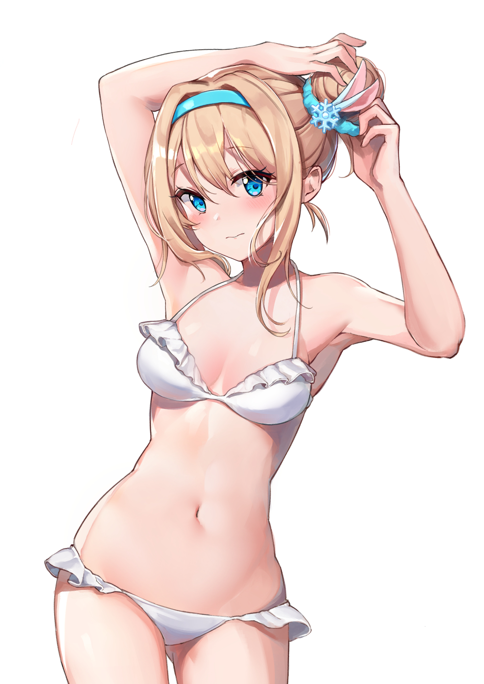 1girl adjusting_hair armpits arms_up bada_(jksh5056) bikini blue_eyes blue_scrunchie blush breasts brown_hair closed_mouth cowboy_shot eyebrows_visible_through_hair frilled_bikini frills girls_frontline gluteal_fold groin hair_ornament hair_scrunchie hairband halterneck highres hips looking_at_viewer medium_breasts navel revision scrunchie side_bun sidelocks simple_background solo stomach suomi_kp31_(girls_frontline) swimsuit thighs white_background white_bikini