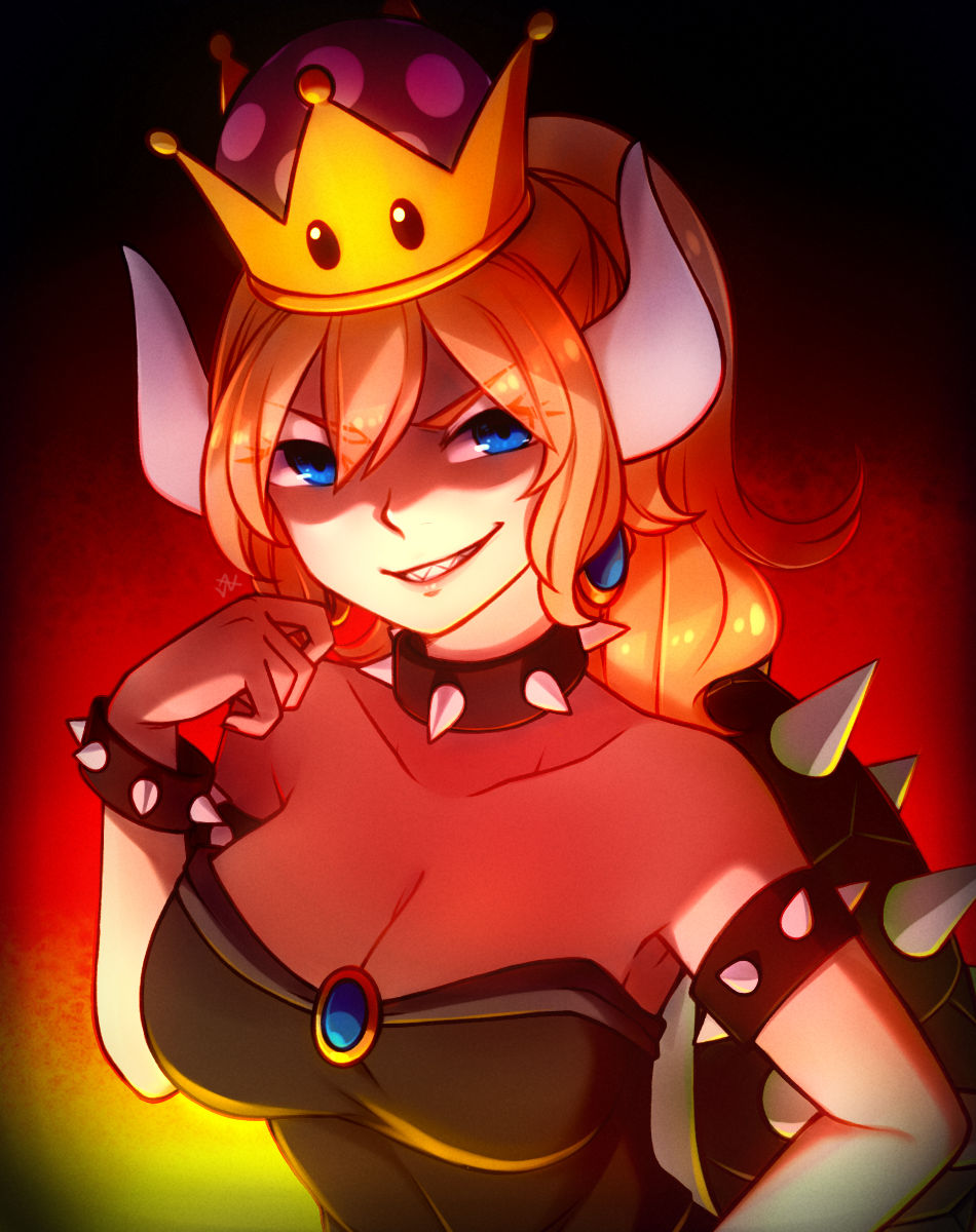 1girl bare_shoulders black_dress blonde_hair blue_eyes bowsette bracelet brooch collar collarbone commentary crown dress english_commentary eyebrows_visible_through_hair eyes_visible_through_hair grin hair_between_eyes hand_up highres horns jewelry long_hair looking_at_viewer super_mario_bros. new_super_mario_bros._u_deluxe nintendo parted_lips shaded_face sharp_teeth smile solo speckticuls spiked_armlet spiked_bracelet spiked_collar spiked_shell spikes super_crown teeth turtle_shell upper_body v-shaped_eyebrows