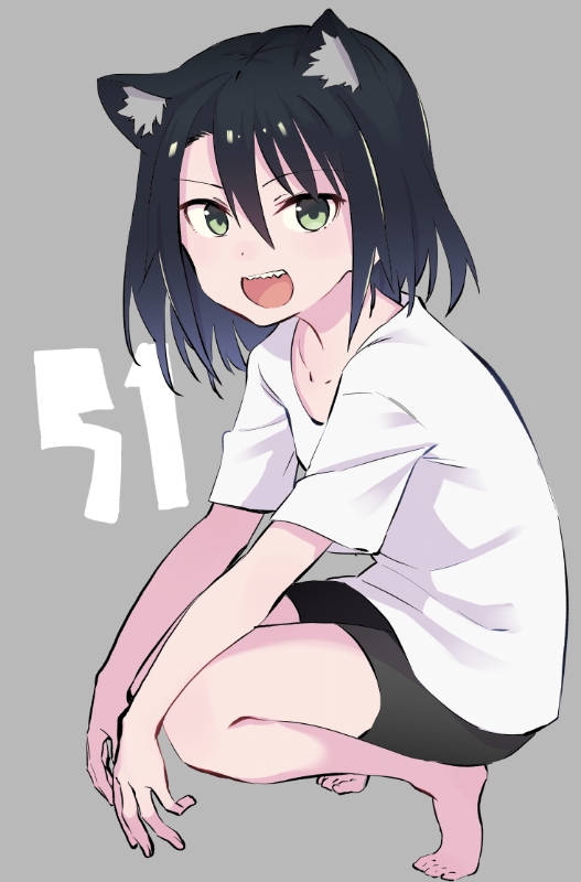 :d aki_poi animal_ear_fluff animal_ears bangs barefoot bike_shorts black_hair black_shorts blush cat_ears character_request collarbone eyebrows_visible_through_hair fingernails full_body green_eyes hair_between_eyes long_hair looking_at_viewer open_mouth sharp_teeth shirt short_shorts short_sleeves shorts smile squatting teeth tiptoes urami_koi_koi_urami_koi. white_shirt