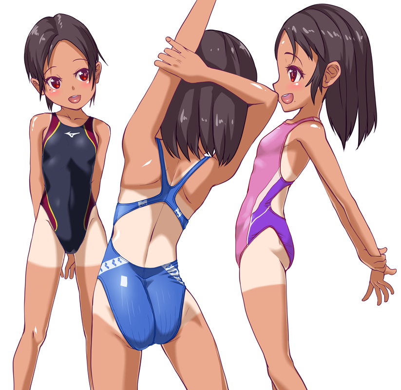 3girls ass blush breasts brown_hair child competition_swimsuit multiple_girls one-piece_swimsuit open_mouth original red_eyes short_hair small_breasts smile stretch sushoyushi swimsuit tan tanline