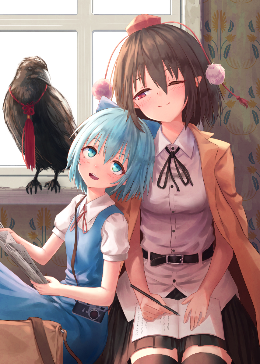 2girls ;) bag bangs bird black_hair black_legwear black_neckwear black_ribbon black_skirt blue_bow blue_eyes blue_hair blush book bow breasts camera cirno coat commentary_request cowboy_shot crow dress eyebrows_visible_through_hair hair_between_eyes hair_bow hat head_tilt holding holding_book holding_newspaper holding_pencil indoors jacket_on_shoulders looking_at_another looking_up medium_breasts miniskirt multiple_girls neck_ribbon newspaper one_eye_closed open_mouth pencil pinafore_dress pleated_skirt pointy_ears pom_pom_(clothes) puffy_short_sleeves puffy_sleeves red_eyes red_neckwear red_ribbon ribbon roke_(taikodon) shameimaru_aya shirt short_sleeves sitting skirt small_breasts smile tassel thigh-highs tokin_hat touhou wallpaper_(object) white_shirt window yellow_coat zettai_ryouiki