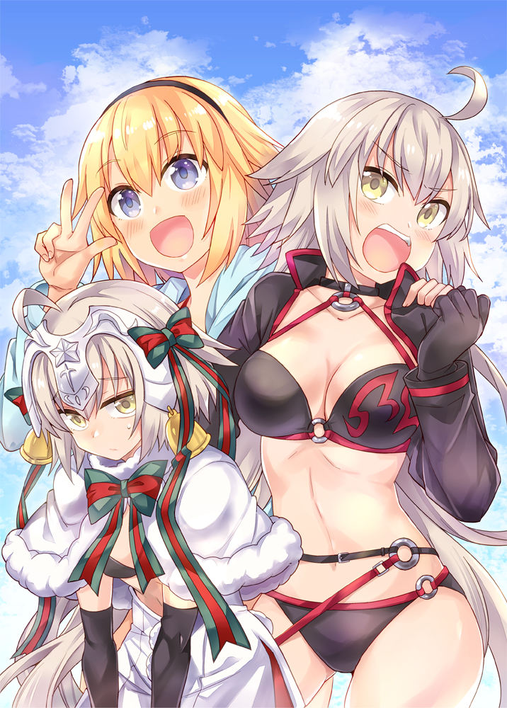 3girls ahoge bangs bell bikini black_bikini black_bikini_top black_choker black_gloves black_hairband black_jacket blue_jacket blue_sky bow braid breasts capelet choker cleavage clouds cloudy_sky collarbone commentary_request cropped_jacket day elbow_gloves eyebrows_visible_through_hair fate/grand_order fate_(series) front-tie_bikini front-tie_top fur-trimmed_capelet fur_trim gloves green_bow green_ribbon hair_between_eyes hairband hand_on_another's_shoulder headpiece hood hood_down hooded_jacket jacket jeanne_d'arc_(alter_swimsuit_berserker) jeanne_d'arc_(fate)_(all) jeanne_d'arc_(swimsuit_archer) jeanne_d'arc_alter_santa_lily large_breasts long_braid long_hair looking_at_viewer midriff multiple_girls navel o-ring o-ring_bikini o-ring_bottom o-ring_top open_clothes open_jacket open_mouth outdoors ribbon sad shrug_(clothing) silver_hair single_braid sky small_breasts standing stomach striped striped_bow striped_ribbon swimsuit takitarou thigh_gap thighs v very_long_hair yellow_eyes