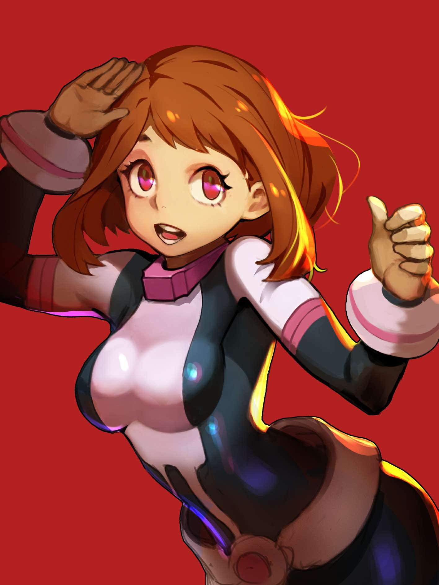 1girl :d bangs bodysuit boku_no_hero_academia breasts brown_hair floating_hair highres looking_at_viewer medium_breasts omone_yuyu open_mouth parted_bangs red_background red_eyes shiny shiny_hair simple_background skin_tight smile solo upper_body uraraka_ochako