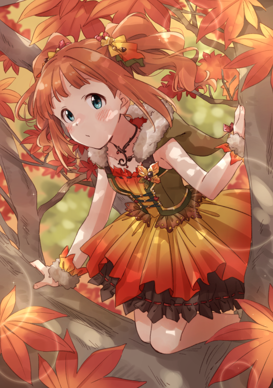 1girl autumn_leaves blue_eyes blush brown_hair corset day demirinz dress hair_ornament idolmaster idolmaster_(classic) idolmaster_million_live! idolmaster_million_live!_theater_days in_tree kneeling lens_flare long_hair looking_at_viewer orange_dress outdoors ribbon-trimmed_dress sleeveless sleeveless_dress solo takatsuki_yayoi tree twintails wrist_cuffs