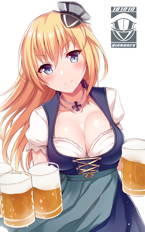 1girl alcohol alternate_costume bangs beer beer_mug bismarck_(kantai_collection) blonde_hair blue_eyes blush breasts chains cleavage closed_mouth collarbone commentary_request cup dirndl dress eyebrows_visible_through_hair german_clothes hair_between_eyes hat holding holding_cup interstellar iron_cross jewelry kantai_collection kriegsmarine large_breasts long_hair looking_at_viewer maid military_hat mini_hat necklace oktoberfest peaked_cap simple_background smile solo standing white_background