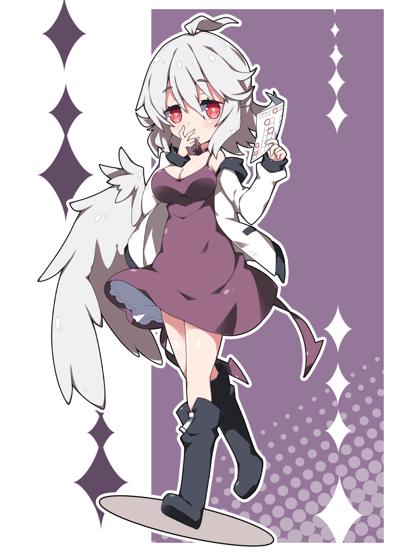 1girl ahoge bangs bare_shoulders black_footwear blush boots breasts brown_dress cleavage closed_mouth commentary_request dress eyebrows_visible_through_hair grey_hair grey_wings hair_between_eyes hand_to_own_mouth hand_up holding jacket kishin_sagume knee_boots large_breasts long_sleeves looking_at_viewer milkpanda off_shoulder open_clothes open_jacket red_eyes single_wing sleeveless sleeveless_dress sleeves_past_wrists solo touhou white_jacket wings