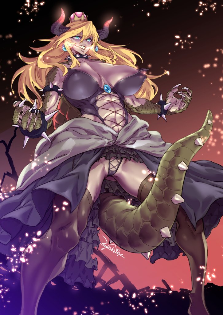 1girl black_collar black_dress blonde_hair blue_earrings blue_eyes borrowed_design bowsette bracelet breasts cleavage clenched_teeth collar commentary_request crown dress earrings erect_nipples eyebrows_visible_through_hair genderswap green_tail hair_between_eyes horns jewelry large_breasts super_mario_bros. navel_cutout new_super_mario_bros._u_deluxe nintendo scales sharp_teeth spiked_armlet spiked_bracelet spiked_collar spiked_shell spiked_tail spikes standing strapless strapless_dress super_crown super_mario_bros. tail teeth thigh-highs transformation turtle_shell zunta