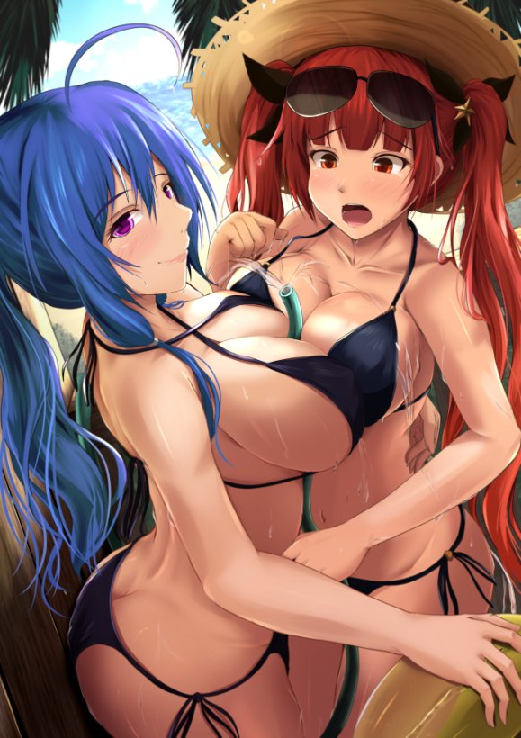 2girls ahoge alternate_costume arm_around_back ass azur_lane bangs bare_shoulders beach bikini black_bikini black_ribbon blue_hair blue_sky blush breast_press breasts butt_crack cleavage closed_mouth clouds collarbone criss-cross_halter curvy day embarrassed eyebrows_visible_through_hair eyewear_on_head hair_between_eyes hair_ribbon halter_top halterneck hand_up hat holding holding_innertube honolulu_(azur_lane) hose hose_between_breasts innertube kanzaki_kureha large_breasts long_hair looking_at_viewer looking_back multiple_girls navel ocean open_mouth outdoors red_eyes redhead ribbon sand sky smile st._louis_(azur_lane) stomach straw_hat sunglasses swimsuit symmetrical_docking thighs twintails violet_eyes water wet