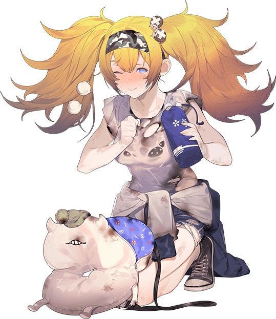 1girl akira_(kadokawa) blonde_hair blue_eyes breasts enemy_lifebuoy_(kantai_collection) gambier_bay_(kantai_collection) hair_ornament hairband kantai_collection large_breasts official_art porcupine shirt shoes shorts sneakers torn_clothes twintails
