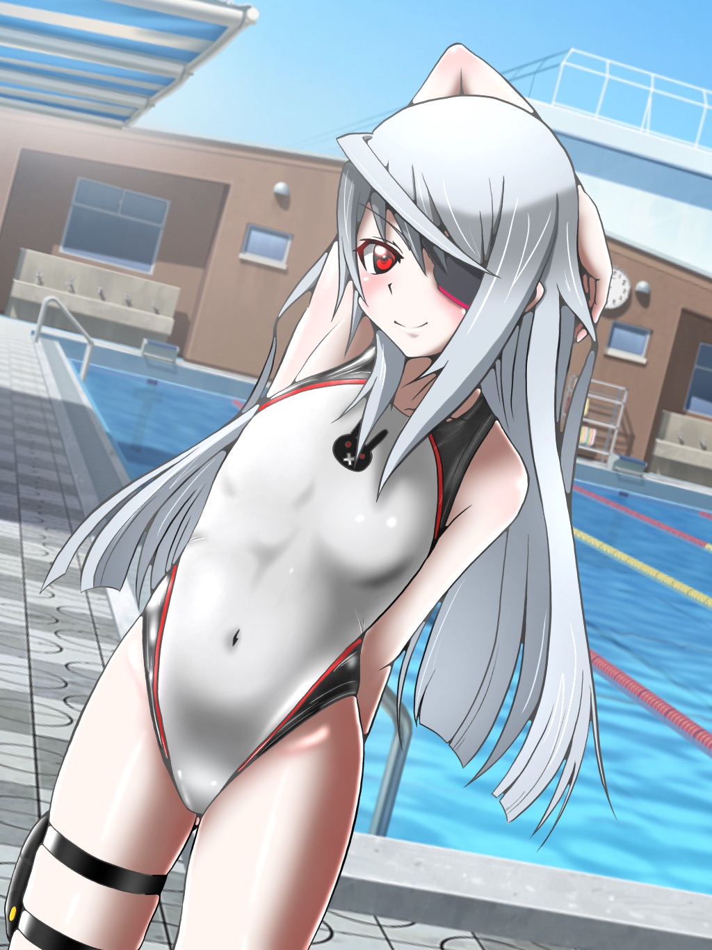 1girl arm_up commentary_request competition_swimsuit covered_navel cowboy_shot day dutch_angle eyepatch highres infinite_stratos laura_bodewig logo long_hair looking_at_viewer one-piece_swimsuit outdoors pool pool_ladder red_eyes silver_hair smile solo standing swimsuit white_swimsuit yurinozuku1112