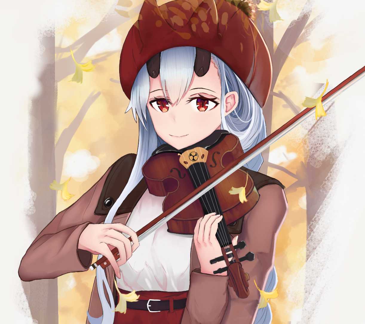 1girl autumn_leaves blouse bow_(instrument) brown_coat coat commentary_request fate/grand_order fate_(series) forest hat instrument kuguiema light_smile long_hair looking_at_viewer mitsudomoe_(shape) music nature oni_horns open_clothes open_coat playing_instrument red_eyes red_skirt sidelocks silver_hair skirt solo tomoe_(symbol) tomoe_gozen_(fate/grand_order) upper_body violin violin_bow white_blouse