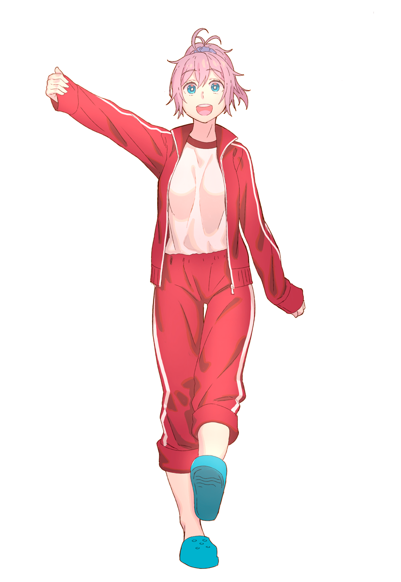 1girl aoba_(kantai_collection) blue_eyes full_body highres jacket kantai_collection looking_at_viewer open_clothes open_jacket open_mouth pants ponytail purple_hair red_jacket red_pants scrunchie short_hair simple_background slippers solo thigh_gap track_jacket track_pants track_suit white_background yuuji_(and)
