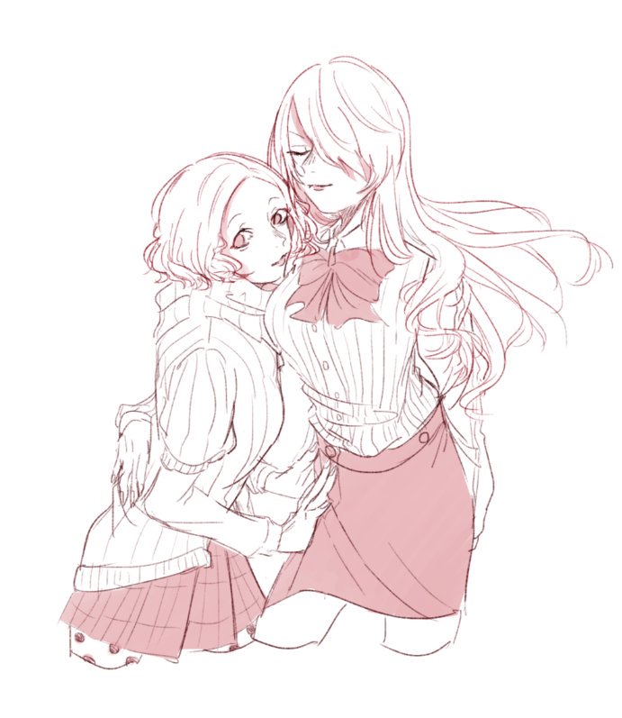 2girls closed_eyes curly_hair hug kirijou_mitsuru long_hair looking_at_viewer medium_hair monochrome multiple_girls okumura_haru persona persona_3 persona_5 peru_suke ribbon skirt sweater