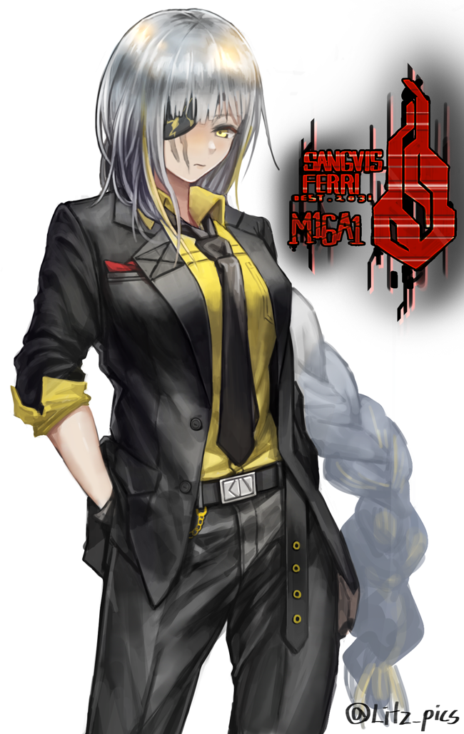 1girl alternate_hair_color belt eyepatch f_and_d formal girls_frontline hands_in_pockets jacket long_hair m16a1_(girls_frontline) necktie pant_suit sangvis_ferri scared shirt solo spoilers suit white_hair yellow_eyes yellow_shirt