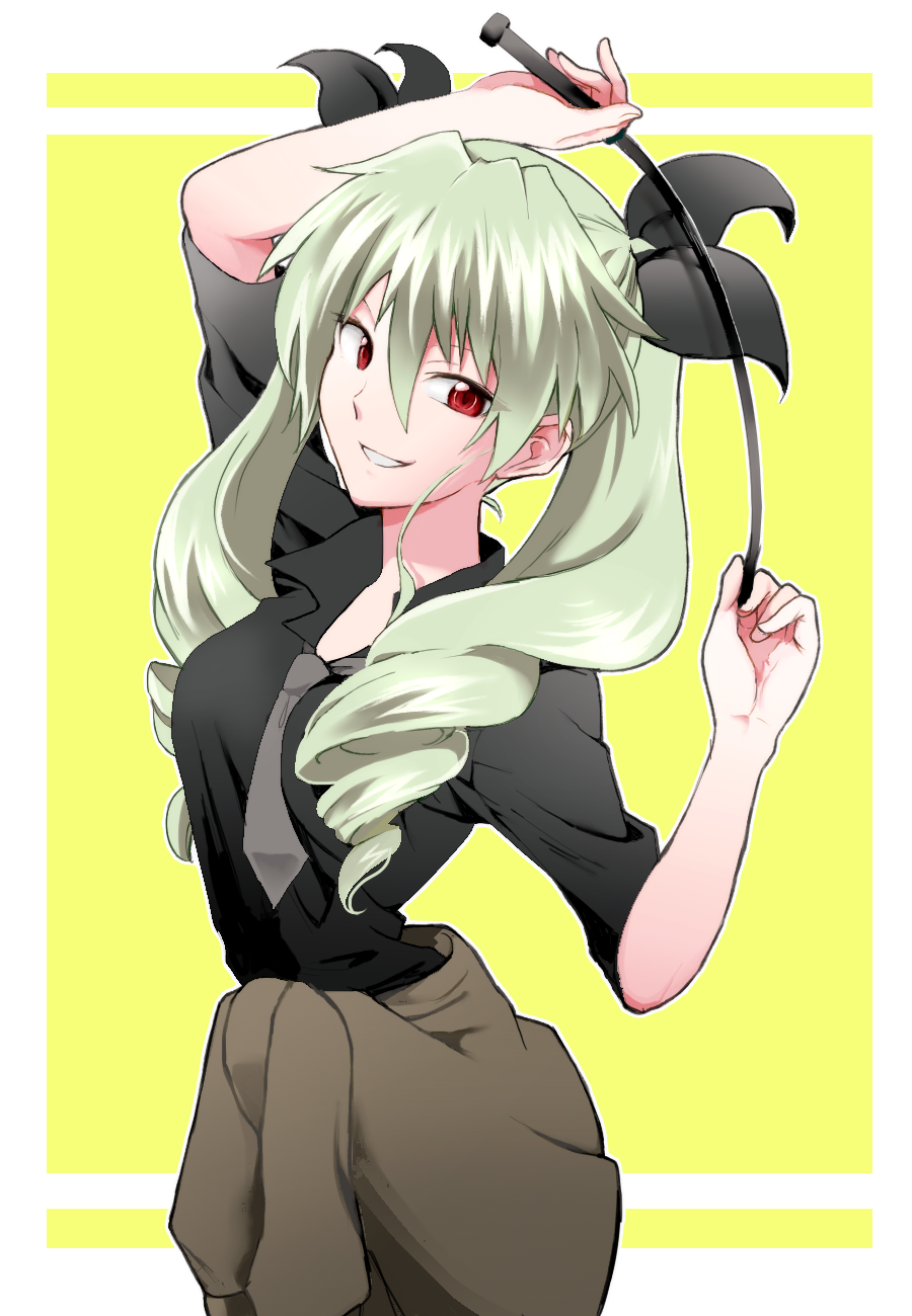 1girl anchovy arm_up black_ribbon black_shirt clothes_around_waist drill_hair girls_und_panzer green_hair grey_neckwear grin hair_between_eyes hair_ribbon highres holding_whip long_hair looking_at_viewer moekichi necktie red_eyes ribbon shirt smile solo standing sweater_around_waist twin_drills