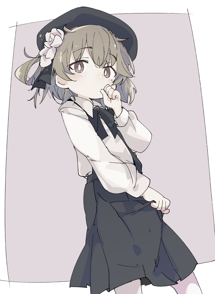 1girl bangs beret black_bow black_hat black_ribbon black_skirt blouse blush bow brown_eyes collared_shirt eyebrows_visible_through_hair flower hair_flower hair_ornament hair_rings hat hatoba_tsugu hatoba_tsugu_(character) ixy light_blush long_sleeves looking_at_viewer mole mole_under_eye ribbon rose shirt simple_background skirt solo suspender_skirt suspenders thumb_sucking virtual_youtuber white_blouse white_flower white_legwear white_rose white_shirt