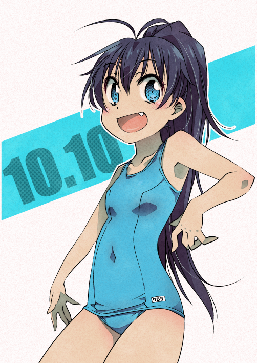 1girl antenna_hair black_hair blue_eyes blue_swimsuit cowboy_shot fang ganaha_hibiki high_ponytail idolmaster idolmaster_(classic) jewelry looking_at_viewer ponytail school_swimsuit simple_background smile solo swimsuit tommy_region white_background