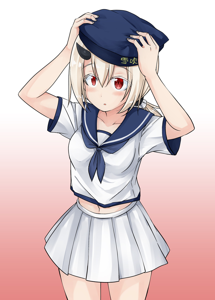 1girl alternate_costume blonde_hair blue_hat blue_neckwear blue_sailor_collar cowboy_shot gradient gradient_background habara_meguru hat highres horns kantai_collection kantai_collection_(anime) long_hair low_ponytail lycoris_fubuki navel neckerchief pleated_skirt ponytail red_background red_eyes sailor_collar sailor_hat school_uniform serafuku shinkaisei-kan skirt solo spoilers white_background white_skirt