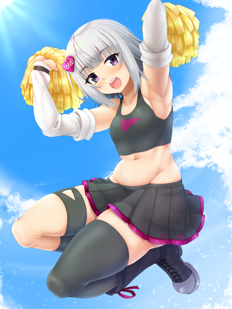 1girl :d amau_(kosmos) armpits arms_up bangs bare_shoulders black_footwear black_legwear black_skirt blue_sky boots breasts crop_top day detached_sleeves eyebrows_visible_through_hair full_body groin hair_ornament heart heart_hair_ornament holding long_sleeves looking_at_viewer midair miniskirt moemi_&amp;_yomemi_channel navel open_mouth pleated_skirt pom_pom_(clothes) short_hair silver_hair single_thighhigh skirt sky small_breasts smile solo tank_top teeth thigh-highs violet_eyes virtual_youtuber yomemi