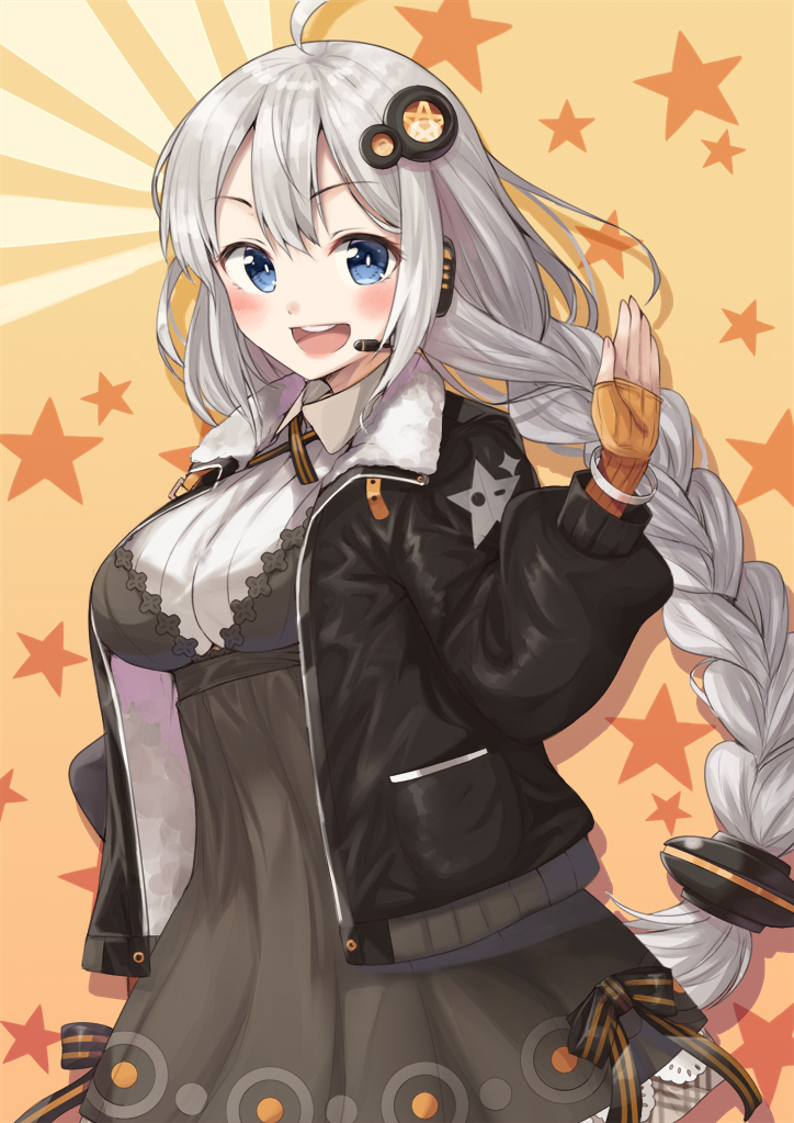 1girl :d ahoge bangs black_jacket blush braid breasts bright_pupils dress eyebrows_visible_through_hair fingerless_gloves gloves grey_dress hair_between_eyes hair_ornament jacket kizuna_akari long_hair long_sleeves looking_at_viewer medium_breasts microphone open_clothes open_jacket open_mouth orange_background orange_gloves pocket round_teeth silhouette silver_hair smile solo star teeth tenneko_yuuri twin_braids very_long_hair vocaloid voiceroid white_pupils