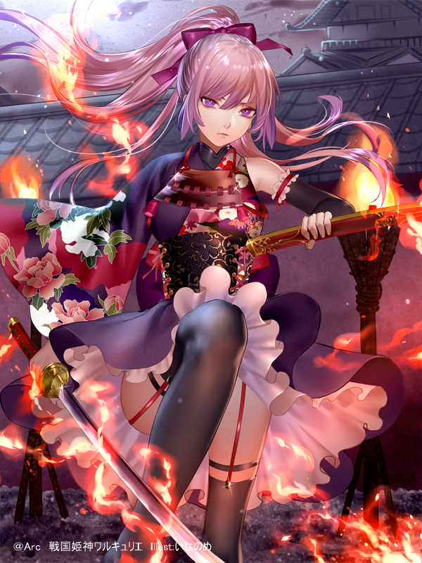 1girl architecture arm_warmers black_legwear bow brazier copyright_request east_asian_architecture fire floral_print garter_straps hair_bow inanome_me katana long_hair official_art outdoors pink_bow pink_hair ponytail sheath standing standing_on_one_leg sword thigh-highs violet_eyes weapon