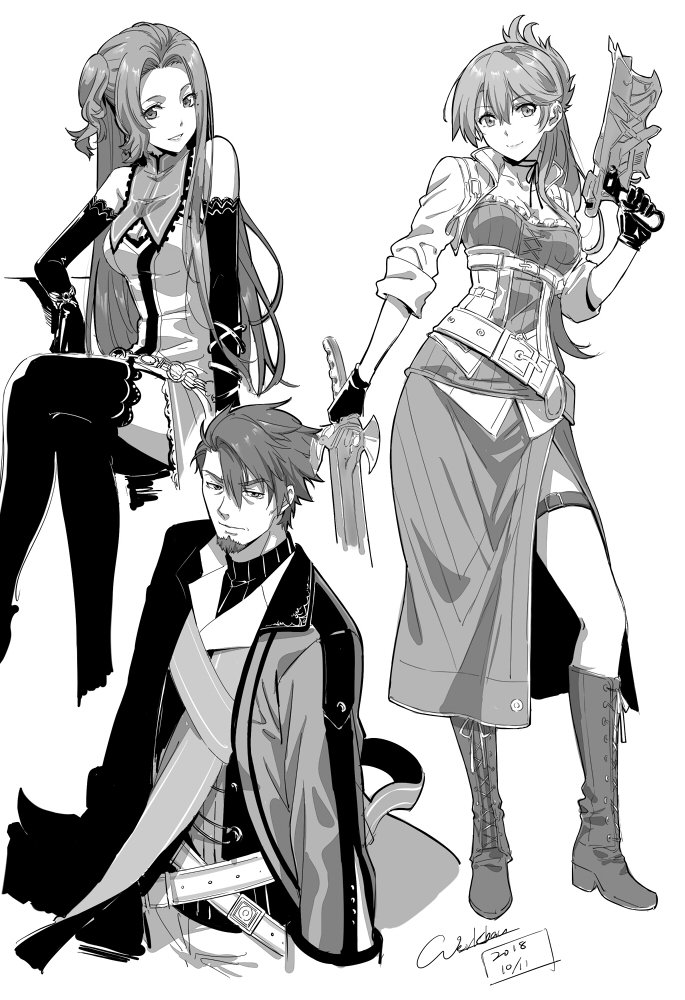 1boy 2girls bare_shoulders belt boots breasts cleavage coat cross-laced_footwear dated dress dual_wielding eiyuu_densetsu elbow_gloves facial_hair full_body gloves goatee greyscale gun holding jacket lace lace-trimmed_thighhighs long_hair long_sleeves looking_at_viewer medium_breasts mole mole_under_eye monochrome multiple_girls ponytail sara_valestein sen_no_kiseki shirt short_hair side_ponytail side_slit signature simple_background sitting skirt smile standing sword thigh-highs thigh_strap victor_s._arzeid vita_clotilde weapon werkbau white_background