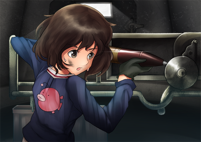 1girl akiyama_yukari anglerfish bangs black_gloves blue_jacket brown_eyes brown_hair commentary_request dirty_face emblem girls_und_panzer gloves holding jacket light_frown light_particles light_rays long_sleeves looking_to_the_side maruhitarou messy_hair military military_uniform ooarai_military_uniform open_mouth short_hair solo sweat tank_interior tank_shell uniform