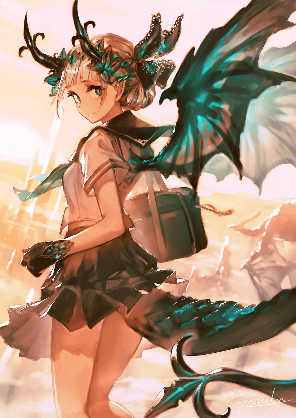 1girl aqua_eyes aqua_neckwear aqua_wings backlighting bag bare_legs black_gloves black_ribbon black_sailor_collar black_skirt blonde_hair blush closed_mouth clouds commentary_request day dragon_girl dragon_horns dragon_tail dragon_wings feet_out_of_frame from_behind garuku gloves hair_bun hair_ribbon highres horns looking_at_viewer looking_back medium_skirt neckerchief original outdoors ribbon sailor_collar scales school_bag school_uniform serafuku short_hair short_sleeves signature skirt slit_pupils smile solo standing sunlight tail wings